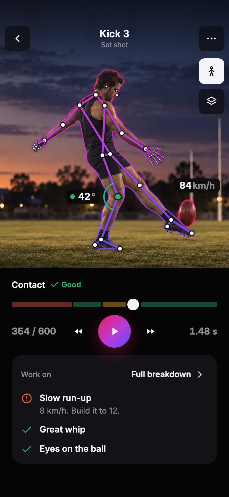 The VisXL replay of a set shot at contact: the skeleton over the video, the kick phases and one thing to work on